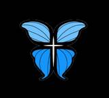 A blue butterfly with a white cross

Description automatically generated