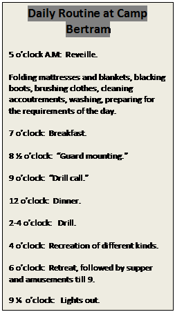 Text Box: Daily Routine at Camp Bertram

5 oclock A.M:  Reveille.

Folding mattresses and blankets, blacking boots, brushing clothes, cleaning accoutrements, washing, preparing for the requirements of the day.

7 oclock:  Breakfast.

8  oclock:  Guard mounting. 

9 oclock:  Drill call. 

12 oclock:  Dinner.

2-4 oclock:   Drill.

4 oclock:  Recreation of different kinds. 

6 oclock:  Retreat, followed by supper and amusements till 9.

9   oclock:   Lights out.
